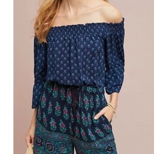 Anthropologie Blue Patterned Off-Shoulder Blouse